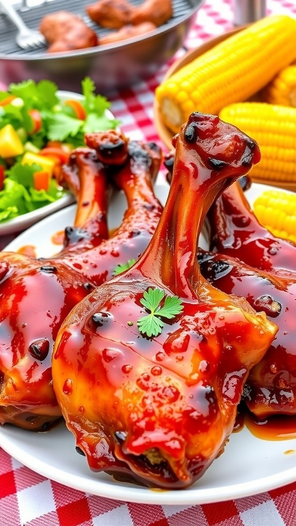 Grilled BBQ chicken drumsticks on a plate with parsley, salad, and corn on the cob.